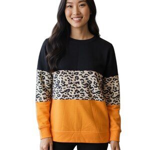 Shein Long Sleeve Round Neck Sweatshirt-Size XL-Navy/orange/leopard print